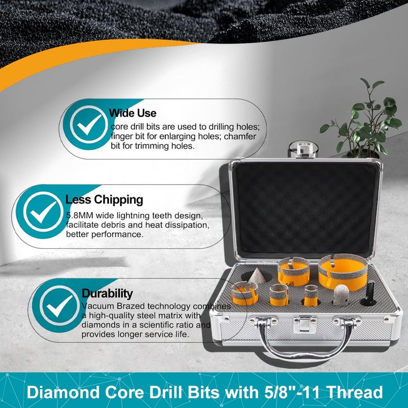 EXFEIN Tile Hole Saw Kit 8pcs - Diamond Core Drill Bits Set (19/25/35/50/75mm) & SDS Adapter for Tile Porcelain Ceramic Marble Granite with 20mm Diamond Finger Bit and 50mm Chamfer Bit Trimming Holes - Image 3